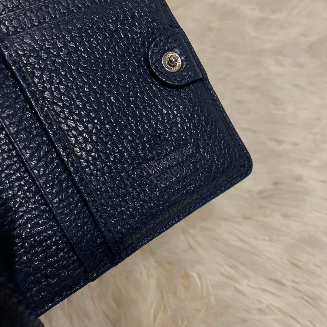 美品 ヴィヴィアンウエストウッド 二つ折り財布 シボ革 がま口 ネイビー 箱付き