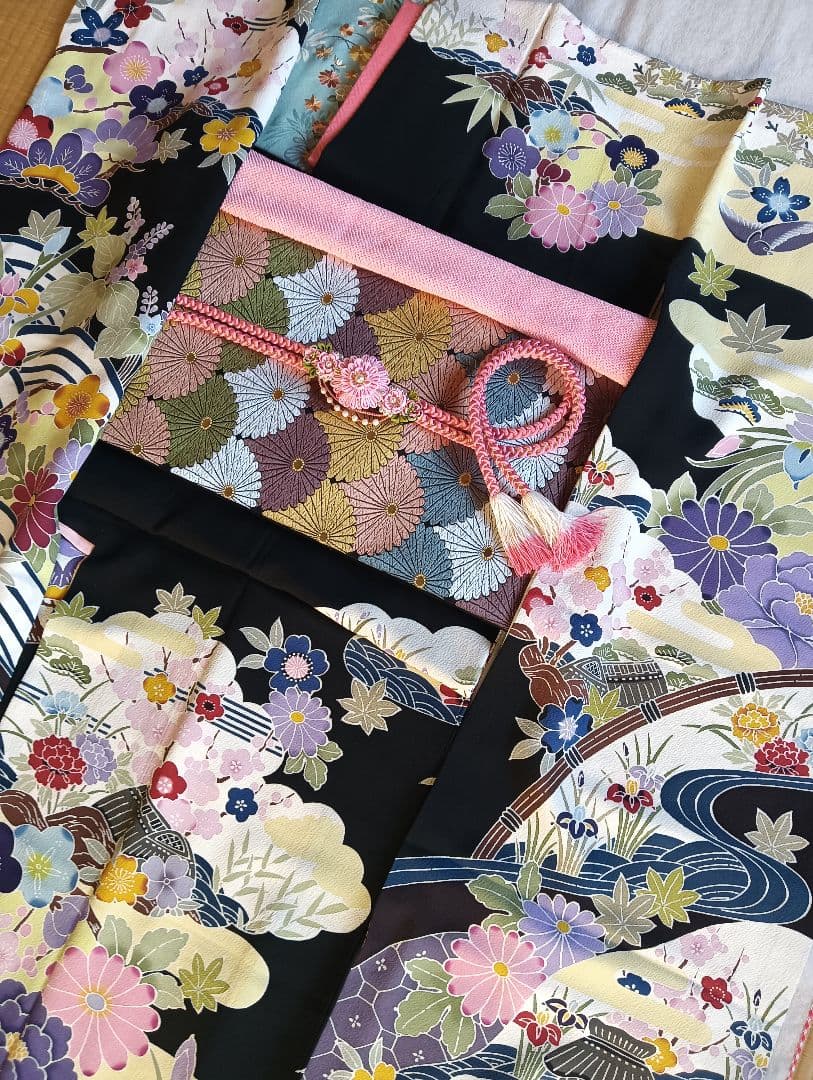 高級　京紅型　有名作家　黒　振袖フルセット　伝統工芸　丈164 裄67