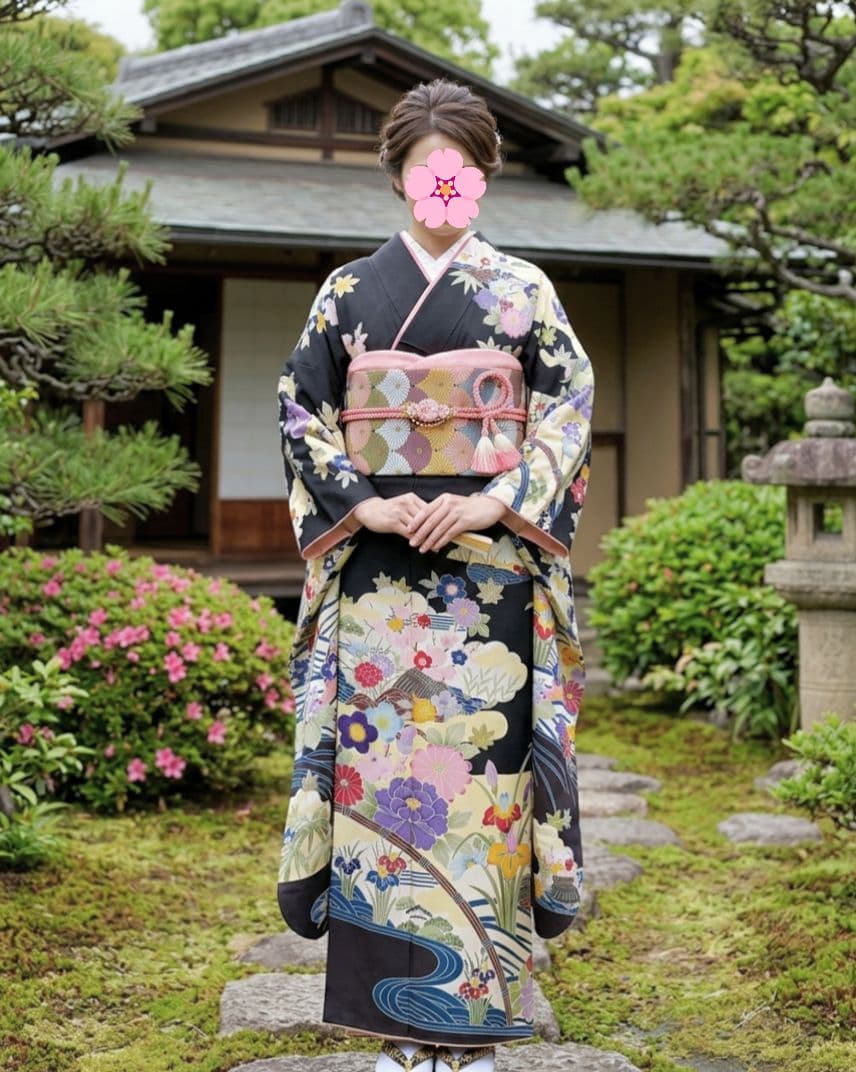 高級　京紅型　有名作家　黒　振袖フルセット　伝統工芸　丈164 裄67
