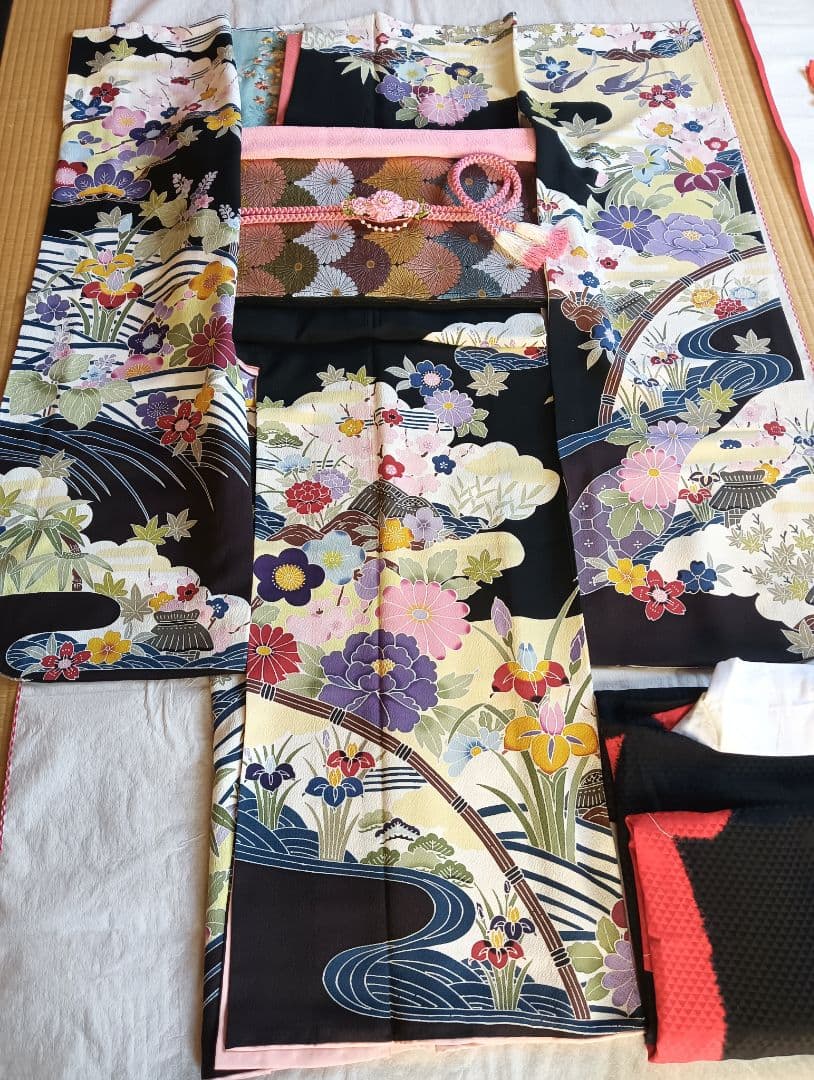 高級　京紅型　有名作家　黒　振袖フルセット　伝統工芸　丈164 裄67