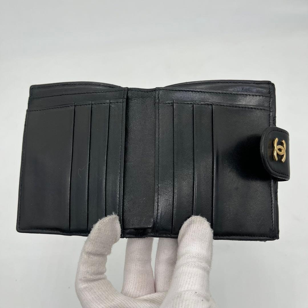 CHANEL 二つ折り財布 ビコローレ Wホック ココマーク 黒 レザー