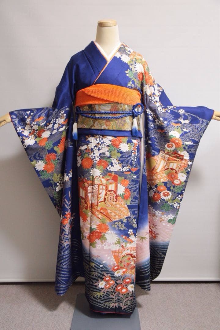 振袖フルセット 青 白 オレンジ 正絹 成人式 前撮り