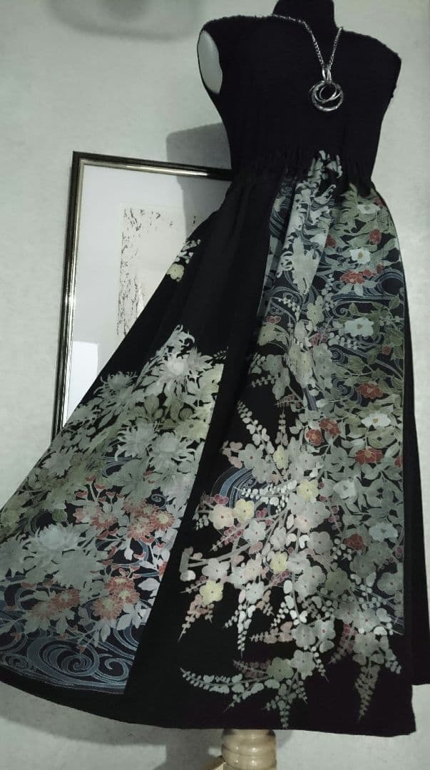 上品✨留め袖 着物リメイクギャザースカート♪咲きあふれるお花(人´ з`*)♪