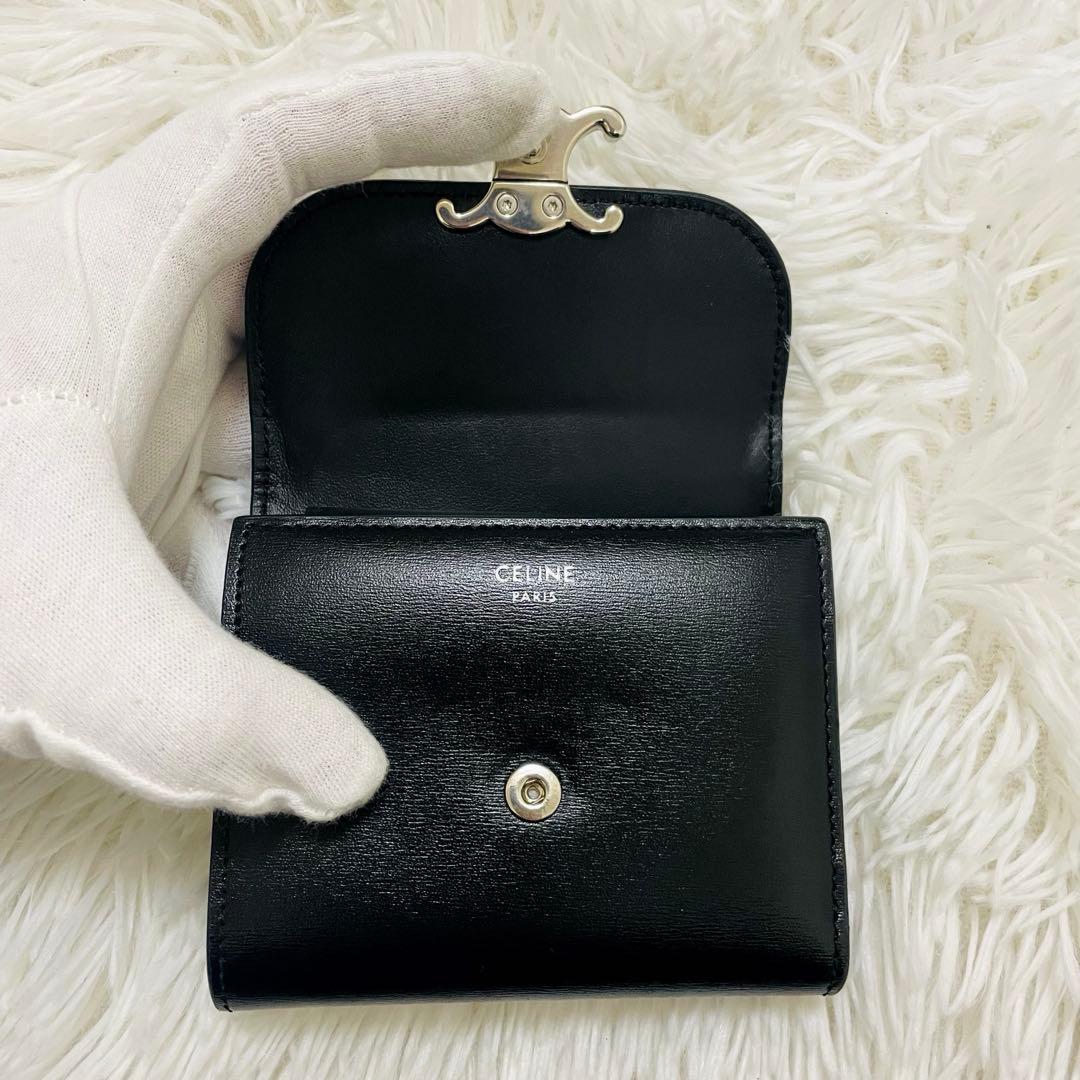 極美✨付属完備✨セリーヌ 三つ折り財布 トリオンフ レザー ブラック シルバー