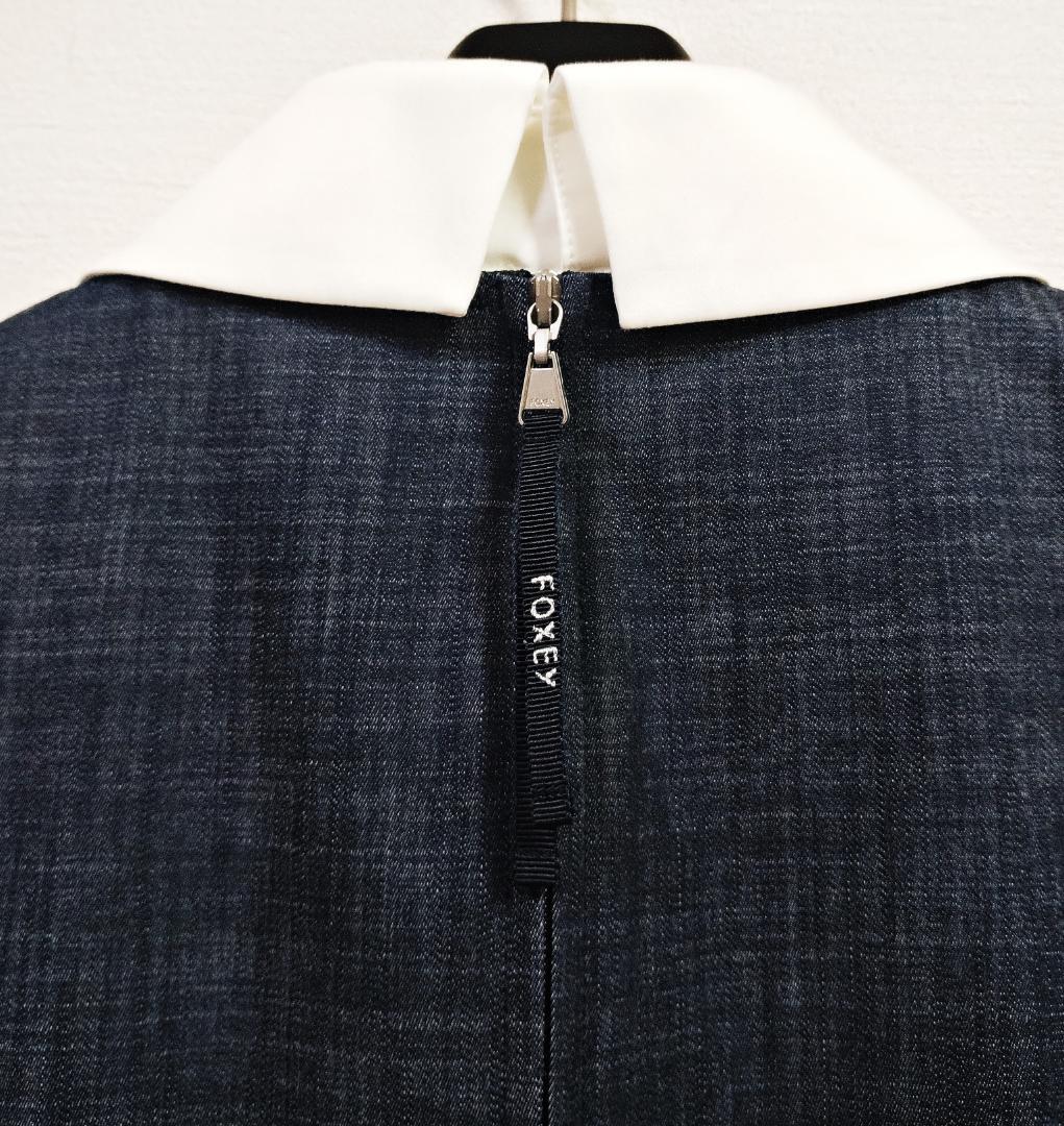 極美品 FOXEYフォクシー 3way 白襟 ビジュー襟 デニム ワンピース38