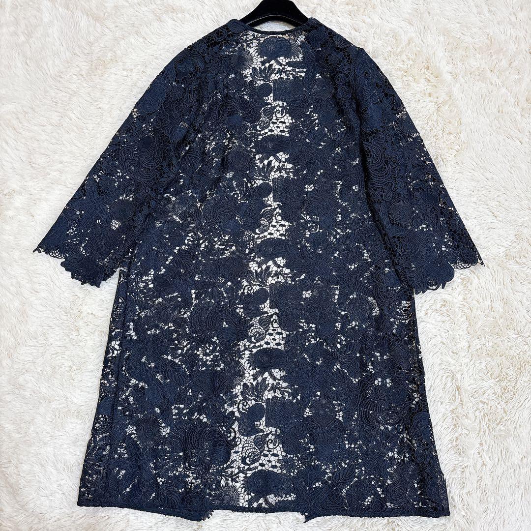 美品☆ダーマコレクション 総レース ロングカーディガン シェル 魚 ネイビー