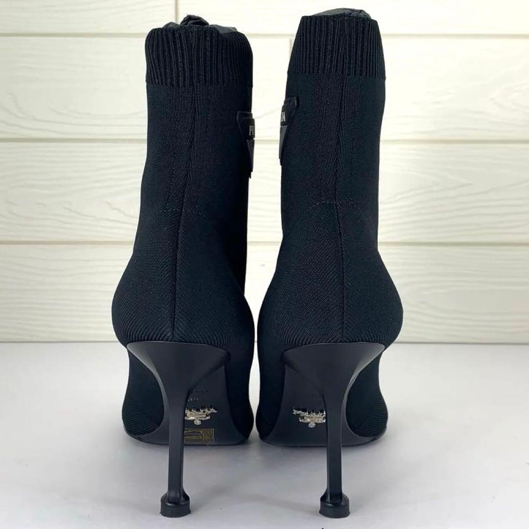 【極美品】PRADA プラダ　ブラックニットソックスブーツ　三角ロゴ　サイズ38