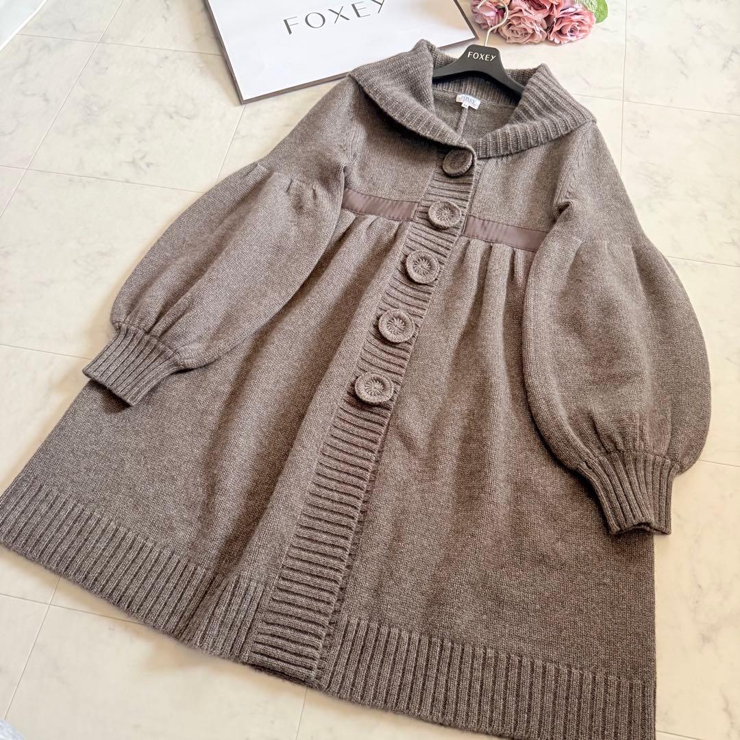 美品★フォクシー カシミヤ100% ニットコート 女優襟 パフスリーブ 40