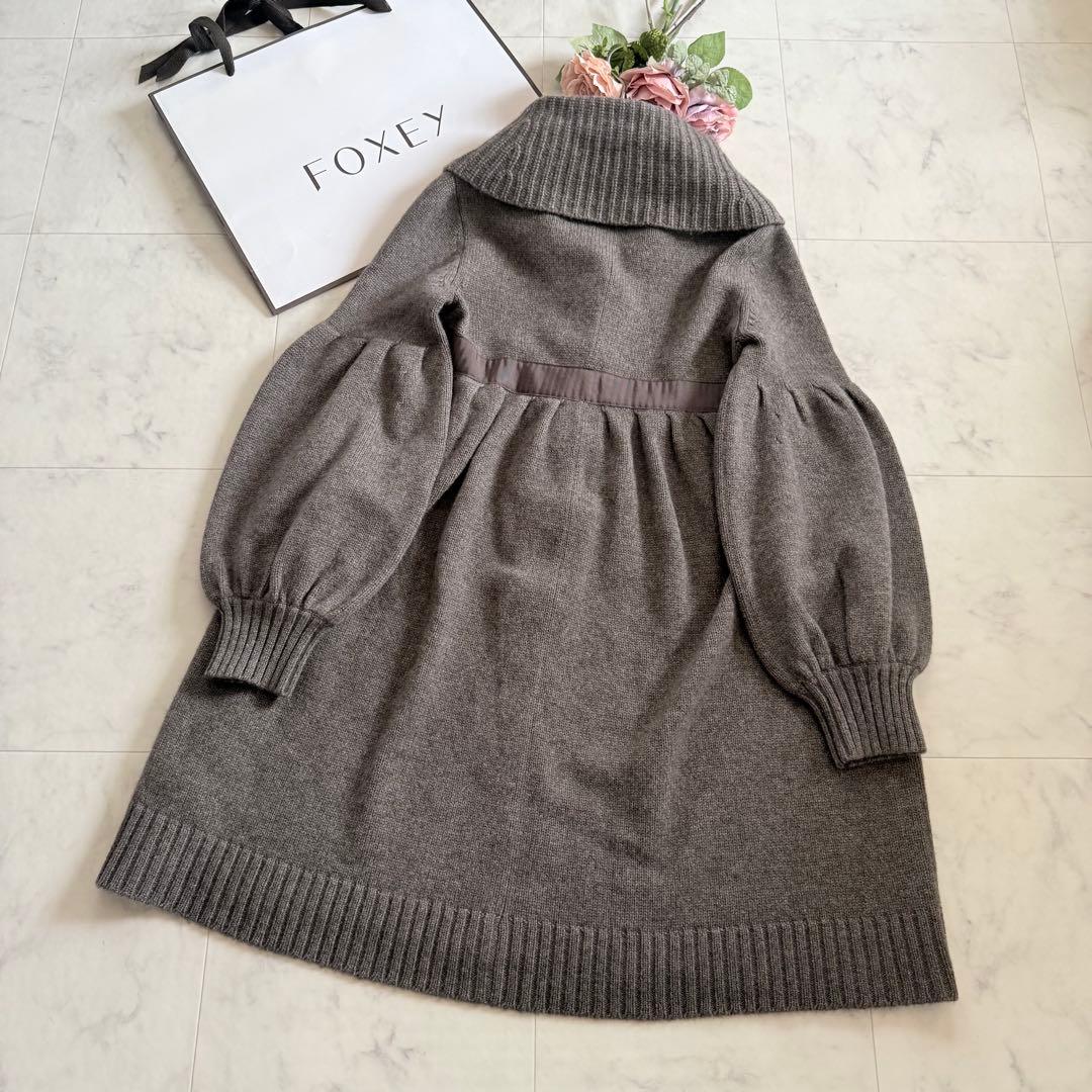 美品★フォクシー カシミヤ100% ニットコート 女優襟 パフスリーブ 40